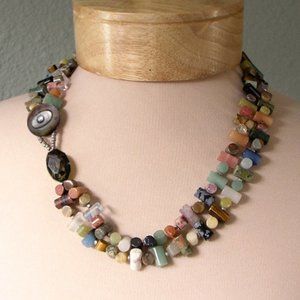 Artisan Custom Statement Double Strand Multi Stone Necklace with Button Closure